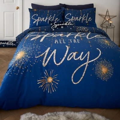 Immagine di Catherine Lansfield Christmas Sparkle Set copripiumino singolo reversibile con federa, colore: blu navy