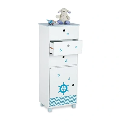 Immagine di Relaxdays Cassettiera per Bambini, la Cameretta, 3 Cassetti e 1 Scomparto con Anta, HLP: 105x42x30 cm, Bianco Blu