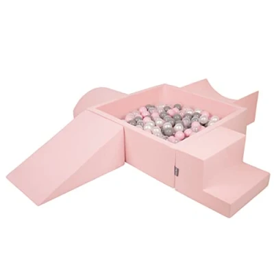 Immagine di KiddyMoon Area di Gioco in Schiuma con Quadrato Piscina Palline (300 Palline) per Bambini, Rosa:Perla/Grigio/Trasparente/Rosa Chiaro