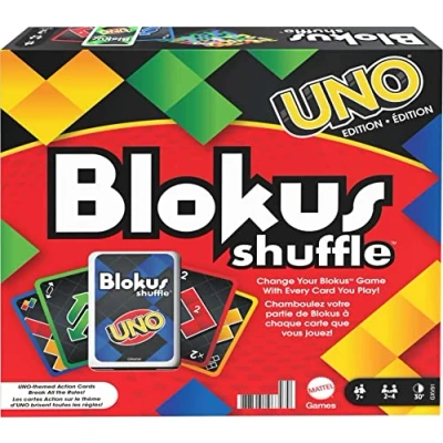 Immagine di Mattel Games Blokus Shuffle Uno Edition, Gioco da Tavolo con Tabellone Nero, Giocattolo per Bambini 7+Anni e Famiglie, GXV91