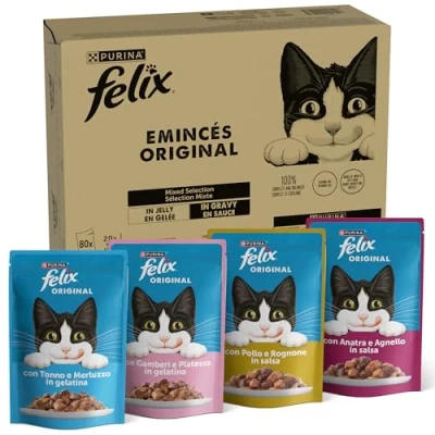 Immagine di Purina Felix Original Cibo Umido per Gatti con Tonno, Gamberetti, Pollo, Anatra, 80 buste da 85g