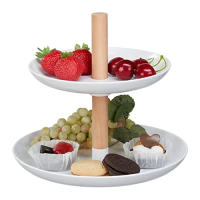 Immagine di Relaxdays 2 Piani Alzata per Dolci, Plastica e Legno, Alzatina Muffin, Piatti Tondi, Bianco Colore Naturale, 70% 30%
