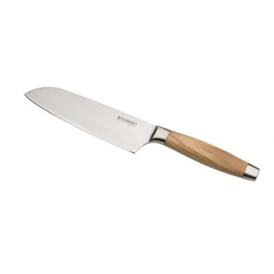 Immagine di Le Creuset Coltello Santoku, Lama in acciaio Damasco 18,8 da 18 cm con filo liscio, Manico legno d&#039;ulivo, Inossidabile, Marrone,Argento, 98000218000200