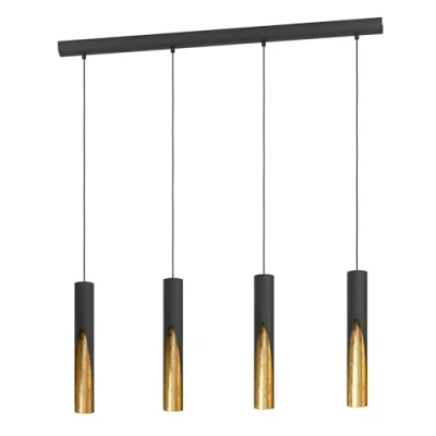 Immagine di Eglo Barbotto Lampada LED a sospensione 4 luci, da appendere sopra il tavolo pranzo con illuminazione indiretta, in metallo nero e oro, lampadina GU10, luce bianca calda