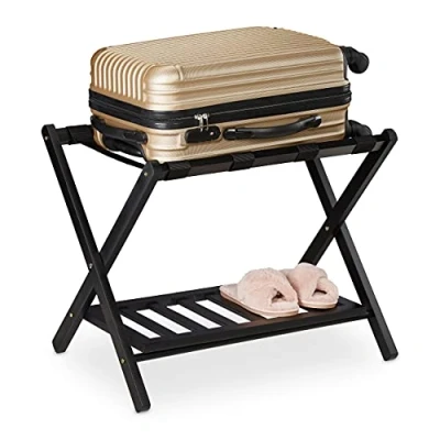 Immagine di Relaxdays Portavaligie Pieghevole in Legno, HxLxP: 54,5 x 66 44,5 cm, 2 Ripiani, Arredo per Camera e Hotel, Nero, 1 pz