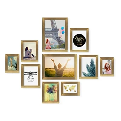 Immagine di PHOTOLINI Set di 10 cornici oro legno MDF, larghe, moderne, plexiglass infrangibile, da tavolo o parete, accessori extra per una parete dal look raffinato