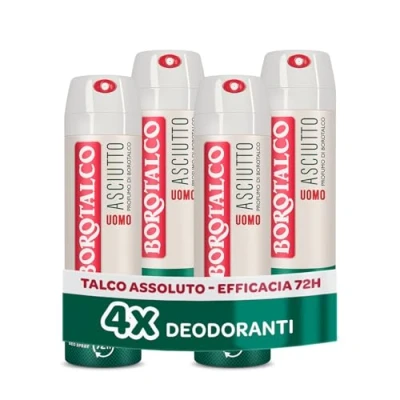 Immagine di Borotalco, Deodorante Uomo Spray Asciutto Originale, con Talco Assoluto, Assorbe il Sudore, Senza Alcool, Profumo 72h efficacia 4 Pezzi da 150 ml Esclusiva Amazon