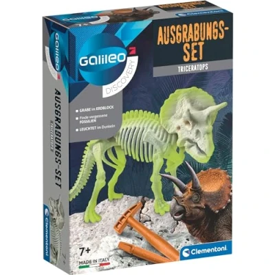 Immagine di Galileo Discovery Kit scavatore Triceratops, giocattolo per bambini dai 7 anni in su, scavare fossiliani dinosauri con martello e scalpello, Clementoni 59273