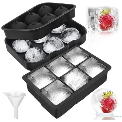 Immagine di LessMo 2 vassoi per cubetti di ghiaccio, creatore sfere ghiaccio con sfera in silicone coperchio e stampi quadrati grandi whisky, riutilizzabili senza BPA