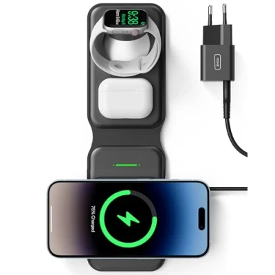 Immagine di INIU Caricatore Wireless iPhone, Magsafe 3 in 1 Base Ricarica Certificato Qi, Da viaggio Caricabatterie Universale per iPhone 15 14 13 12 Plus Apple Watch 8 7 6 Ultra Airpods 2 Pro ecc.