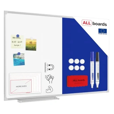 Immagine di ALLboards Lavagna Bianca Magnetica e in Feltro Blu Combinata 60x40cm Scrivibile Cancellabile a Secco per Puntine Magneti Calamite