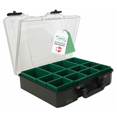Immagine di raaco CarryLite 80 4x8 12: Premium Scatola Porta Minuteria per Officina con Coperchio Sandwich, 12 Scomparti, Cassetta Minuteria, Capacità di Carico 10 kg, 33,7 x 27,8 8,2 cm
