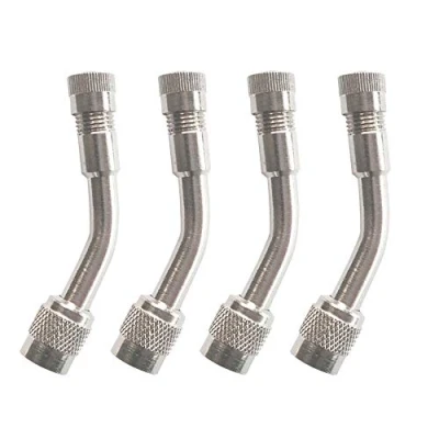 Immagine di QitinDasen 4Pcs Professionale 135 Gradi Pneumatico Valvola Estensione Adattatore, Rame Nichelato Stelo Prolunga Schrader con Tappo Antipolvere (Argento)