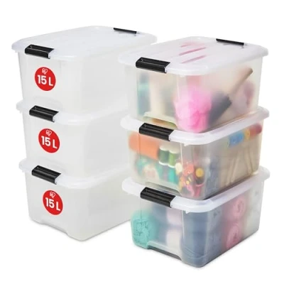 Immagine di Iris Ohyama Scatole Portaoggetti in Plastica Con Coperchio, 15L, Lotto di 6, Trasparente, Chiusura a Clip, Empilabile, Solido, Per Armadio, Garage, Casa, Ufficio, Organizzatore, TB 15