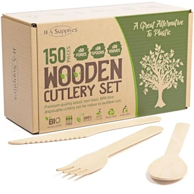 Immagine di Set di posate usa e getta in legno, 50 forchette, coltelli, cucchiai, biodegradabili, feste, picnic