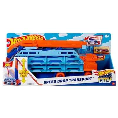 Immagine di Hot Wheels Autotrasportatore a Caduta Libera, con 1 macchinina, Contiene più di 20 Veicoli in Scala 1:64, Si trasforma Una Pista Discesa da 60 cm, Giocattolo per Bambini 4+ Anni, HDY92