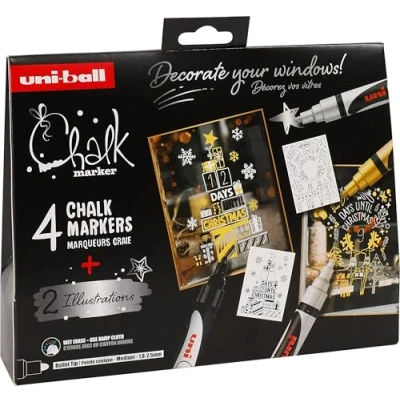 Immagine di UNI Ball 186831 Set di pennarelli a gesso Xmas skand, 4 con 2 stencil, CHALK MARKER, per finestre