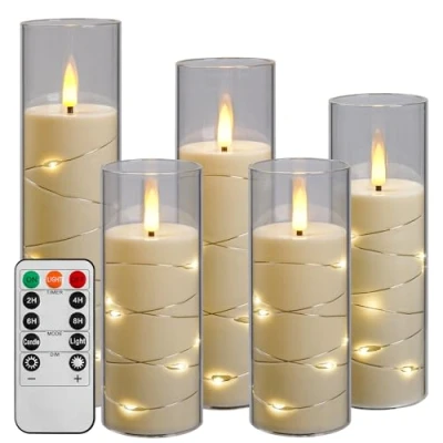 Immagine di Da by candela LED con luce a corda, alimentata batteria telecomando e timer 24 ore, lucida senza fiamma per la decorazione domestica (Bianca, set di 5)