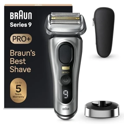Immagine di Braun Series 9 PRO +, Regolabarba Uomo, Rasoio Elettrico Barba Rifinitore di precisione, Custodia da Viaggio in tessuto, Batteria Litio Ion, 100% Impermeabile Idea Regalo, 9517s Argento