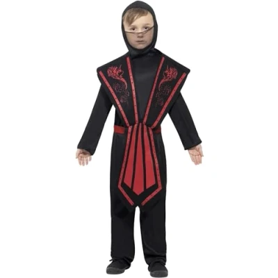 Immagine di SMIFFYS Costume da Ninja, bambino, Nero include tuta con cappuccio, parte superiore, cinta e fasce