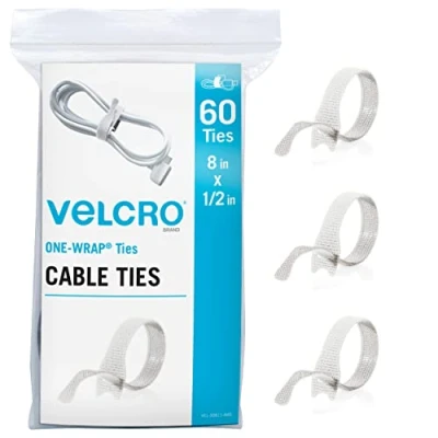 Immagine di Velcro Fascette fermacavi bianche resistenti Confezione da 60 pezzi 8 cinghie monovascolari 1/2&quot; Forte gestione dei fili riutilizzabile raggruppamento di cavi per casa, ufficio e data