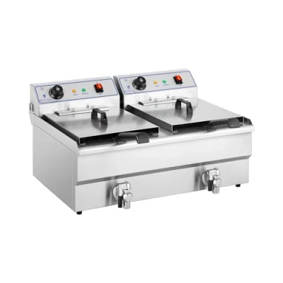 Immagine di Royal Catering RCSF 16DTH Friggitrice Professionale Elettrica Doppia (2 x 16 L, 2 6.000W, 380V, 200C, Rubinetto di Scarico, Acciaio Inox)
