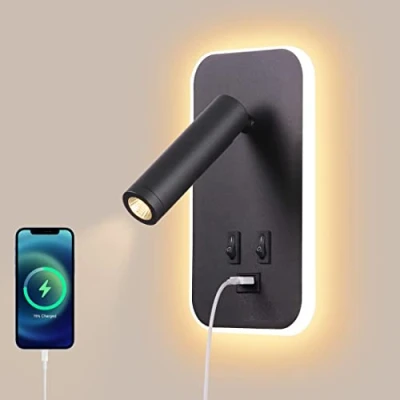 Immagine di AWEKLIY Lampada da Parete a LED, Luce Lettura Comodino con Interruttore, Porta di Ricarica USB, Faretto Regolabile Ambientale per Camera Letto (3W Naturale + 9W Calda) Nero
