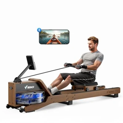 Immagine di MERACH Water Rowing Machines per la casa, vogatore pieghevole con capacità di carico 158 kg, monitor speciale e sedile confortevole R23 (colore legno noce)