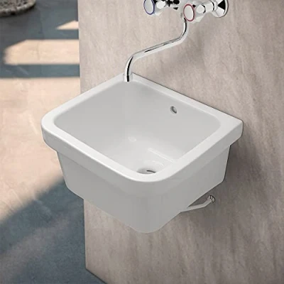 Immagine di Pilozzo lavatoio da parete 46x38 cm, in ceramica bianca lucida resistente agli acidi, ideale per ambienti esterni ed interni (46 x 38 24 cm)