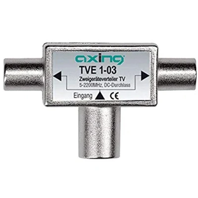 Immagine di Axing TVE 1 03 Partitore Ripetitore coassiale per 2 TV o Sat (1 ingresso femmina, uscite IEC maschio) 5 2200 MHz con passagio DC