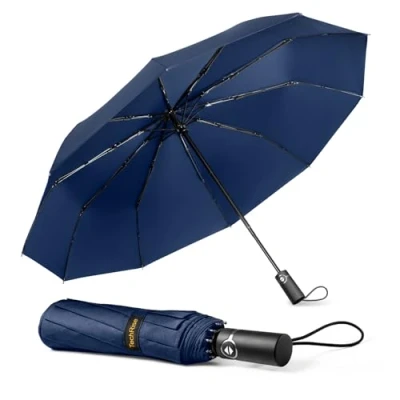 Immagine di TechRise Ombrello Pieghevole, Automatico Antivento Compatto e Forte con 10 Stecche, Apertura Chiusura un Solo Pulsante, da Viaggio Portatile Leggero per Uomini Donne, Blu
