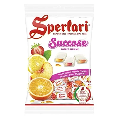 Immagine di Sperlari Succose Gran Toffee, Morbide Caramelle Ripiene con Cuore di Frutta, Intenso Sapore Arancia, Fragola, Limone e Pesca, Sacchetto da 350 G
