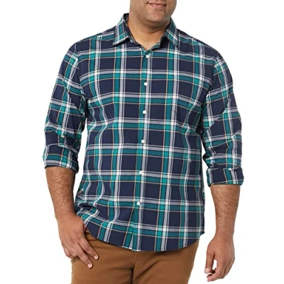 Immagine di Amazon Essentials Camicia in Popeline Elasticizzato A Manica Lunga dalla vestibilità Regolare Uomo, Verde Scuro Blu Marino Motivo Quadri Medi, XS