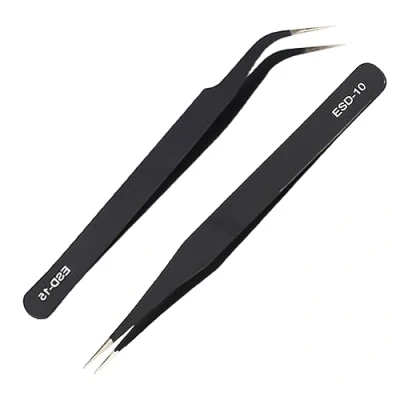 Immagine di 2 pinzette ESD in acciaio inox di precisione antistatiche inox, set per computer, riparazioni elettroniche, gioielli, laboratorio, lavoro