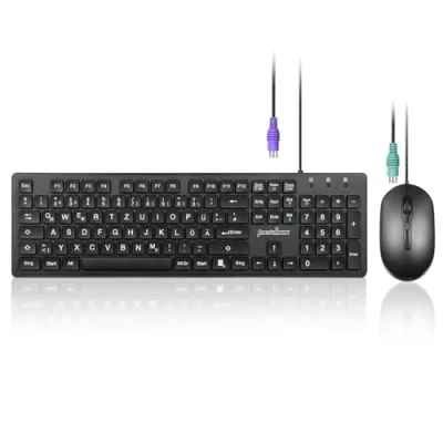 Immagine di Perixx PERIDUO 117P, set di mouse per tastiera PS2 standard cablato, layout tedesco QWERTZ, con ottico a 3 tasti, cavo da 1,8 m, nero