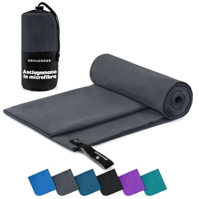 Immagine di Zenacross Asciugamano Palestra con Borsa per il Trasporto Microfibra a Rapida Asciugatura e Versatile Telo Taglie M 140 x 70 cm Grigio Scuro