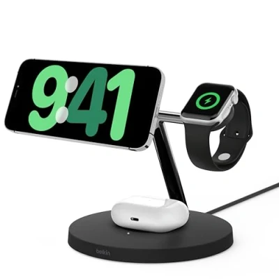 Immagine di Belkin BoostCharge Pro Caricatore da scrivania 3 in 1 con ricarica wireless 15 W Qi2 per iPhone 15, 14, 13, 12, Apple Watch e AirPods, stazione di magnetica compatibile MagSafe, nero