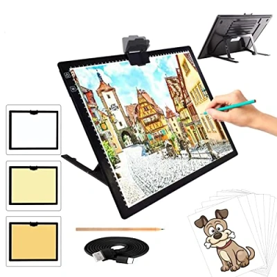 Immagine di TOHETO A3 Ricaricabile Tavoletta Luminosa per Disegnare con Supporto Pieghevole, Tracing Light Box LED Pad di Disegno, Luminosità Regolabile, Animazione, Schizzi, Pittura a Diamante 5D