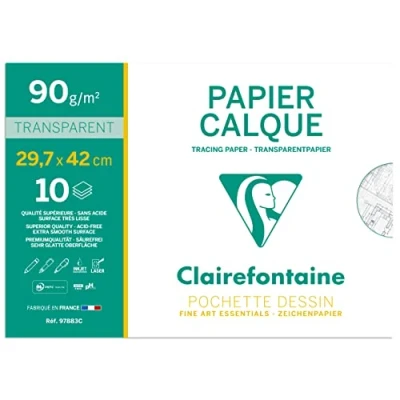 Immagine di Clairefontaine 97883C Pochette per Disegno scolastico 10 Fogli Carta da lucido altamente trasparente A3 29,7x42 cm 90/95g Ideale il tecnico