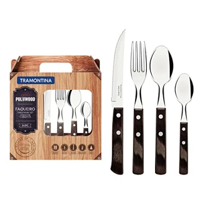 Immagine di Tramontina Set di posate con coltelli da bistecca, affilati, forchette, cucchiaini, cucchiai manici in legno, campeggio,cucina, rustico, lavabile lavastoviglie, 21199905