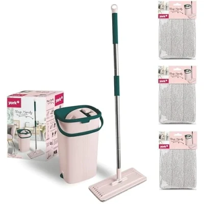 Immagine di York Set di mocio per pavimenti cellulare, piatto, girevole, con secchio la pulizia a due camere, funzione strizzatore, lavaggio umido e secco, adatto tutti i pavimenti, 3