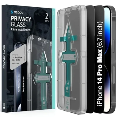 Immagine di Deppa [2 Pezzi Privacy Vetro Temperato iPhone 14 Pro Max (6.1&#039;) [a Copertura Totale] con Kit per Installazione Facile Anti Spy Spia Opaca Pellicola, Vetrino, Protezione, Schermo