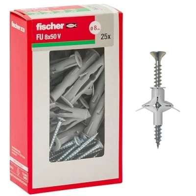 Immagine di Fischer 25 Tasselli a Farfalla FU con Vite, 8 x 50 mm, per Cartongesso, Pannelli e Muratura