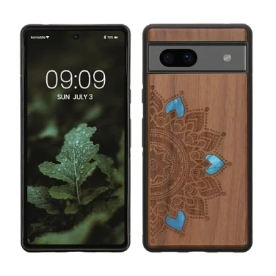 Immagine di kwmobile Custodia Compatibile con Google Pixel 7a Cover Back Case in Legno Bumper Silicone TPU Sole Mandala Madreperla marrone scuro