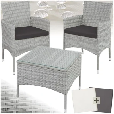 Immagine di TecTake® Set da Giardino in Rattan Lucerna, Robusto Telaio Acciaio, Sedie Esterno, Tavolino Salotto con Piano Vetro, Comodi Cuscini, Design Moderno Grigio Chiaro