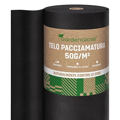 Immagine di GardenGloss 50m² Telo Pacciamatura Contro Le Erbe Infestanti 50g/m² Resistente allo Strappo e Permeabile all&#039;Acqua Elevata Resistenza UV Nero per Orto (50m x 1m, 1 Rotolo)
