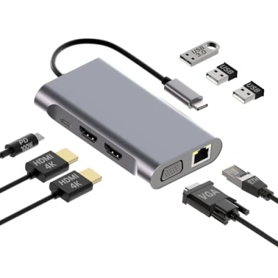 Immagine di MMOBIEL Hub da USB C a Doppio HDMI Adattatore 8 in 1 e 100W PD Docking Station per 3.0, 2x 2.0, HDMI, VGA, ETH Triplo display laptop, smartphone ecc. Alluminio