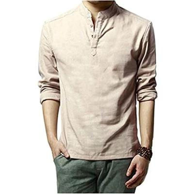 Immagine di HOEREV Uomini di Marca Casual Maniche Lunghe Lino CotoneCamicie Beach,Blu,Medium
