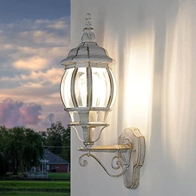 Immagine di Lampada da parete esterna Brest a forma di lanterna con braccio bianco oro stile rustico retrò E27 IP44 ideale per giardino, terrazzo, cortile