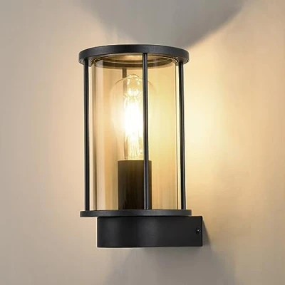 Immagine di BRIMMEL Lampada da parete per esterno antiruggine impermeabile giardino in alluminio nero opaco E27 Lanterna esterna vetro, Lampadina non inclusa